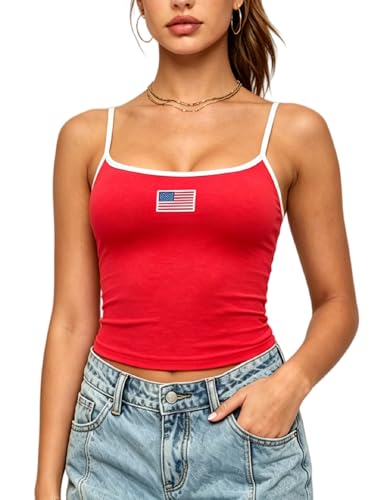NUFIWI Women Graphic Tank Top American Flag Spaghetti Strap Embroidered Crop Tops Sleeveless Cute Baby Tee Y2k Jersey Camisole(Flag Red S)