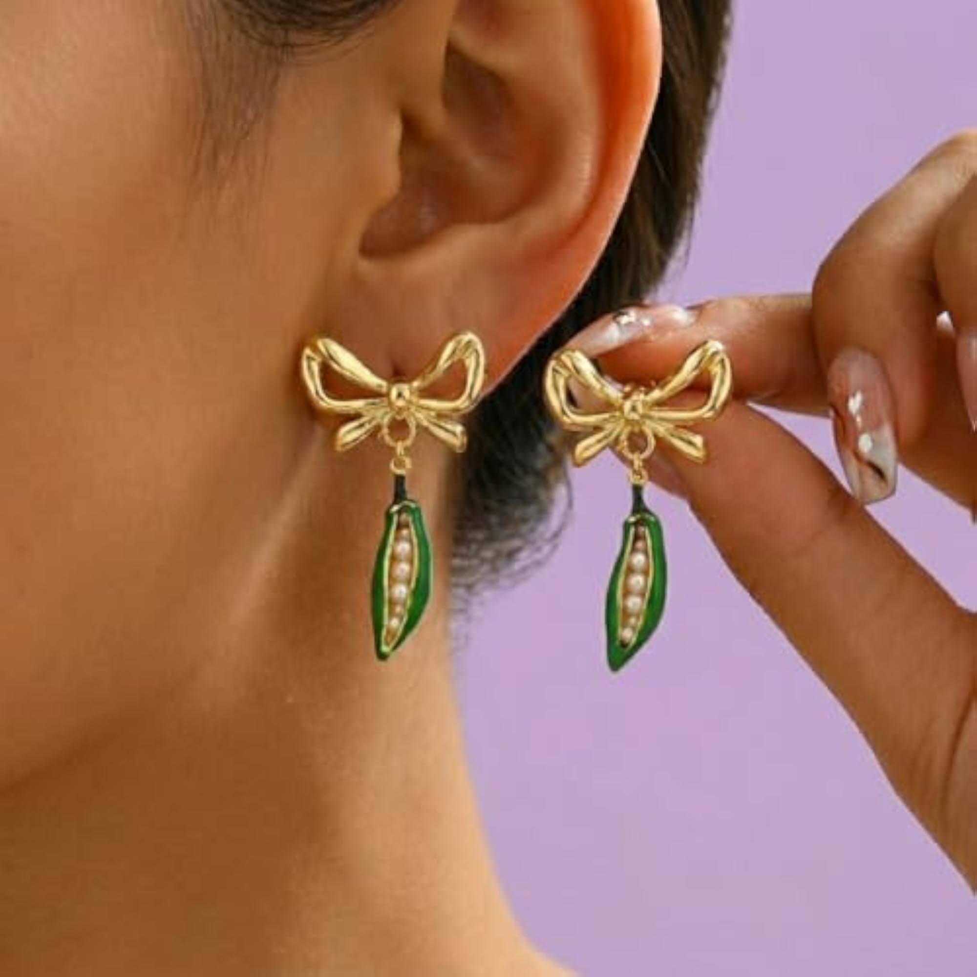 Women's Pea Pod Drop Earrings with Gold Bow Studs