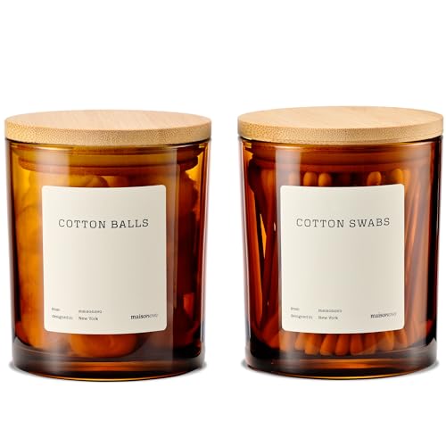 MaisoNovo Boite Coton Tige - 375 ml Verre Hermétique Rangement Coton Tige Pour Cotons-tiges, Cotons, Élastiques À Cheveux - 2 Bocaux En Verre Ambré Avec...