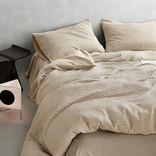 Covebett Seersucker Bettwäsche 135x200 2teilig Beige Gestreift Atmungsaktiv – Ansicht 2