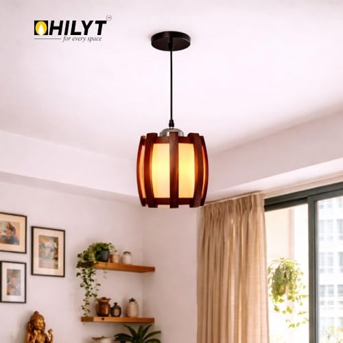 Image of HILYT - Wooden Fancy Hanging Light | with LED Bulb | Brown Pendant Lamp Ceiling Jhumar for Living Room Bedroom Dining Balcony Home Decor Lighting