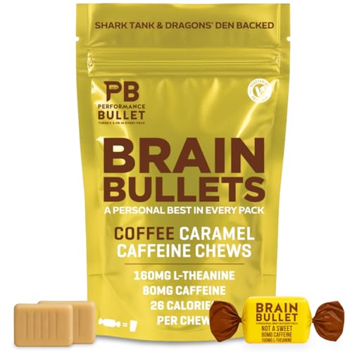 160mg L-Theanine + 80mg Caffeine Chews – Coffee Caramel Flavour, Increases Productivity, Mental Clarity, Alertness | 2 Packs – 8 Servings | Brain Bullet | Energy Gum & Focus Gummy Upgrade