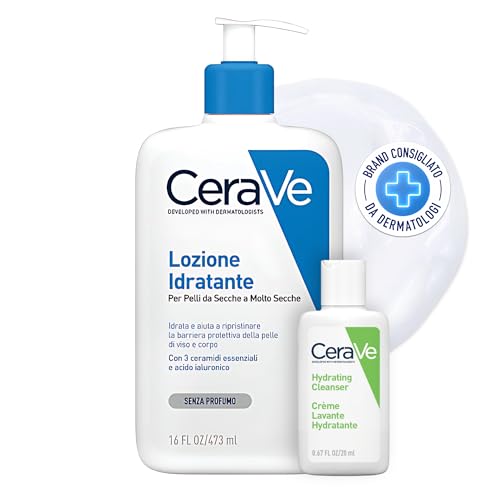 CeraVe Set für Körper und Reise, feuchtigkeitsspendende Gesichts- und Körperlotion, für trockene Haut, mit Hyaluronsäure 473 ml + feuchtigkeitsspendender Gesichtsreiniger, für normale bis trockene