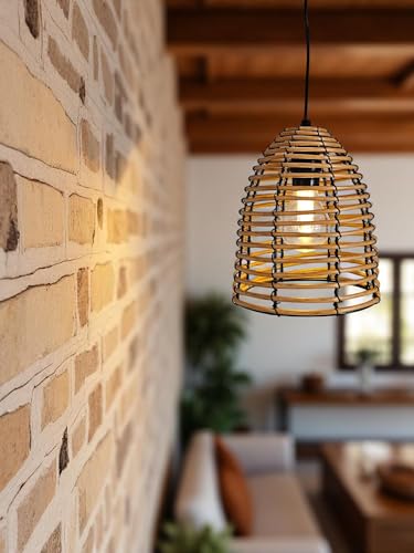 Meinposten LED Hängeleuchte in Rattan Optik für Außen und Innen - 18 x 16 cm - Garten Deko Beleuchtung warm weiß mit Timer - Outdoor Pendelleuchte...