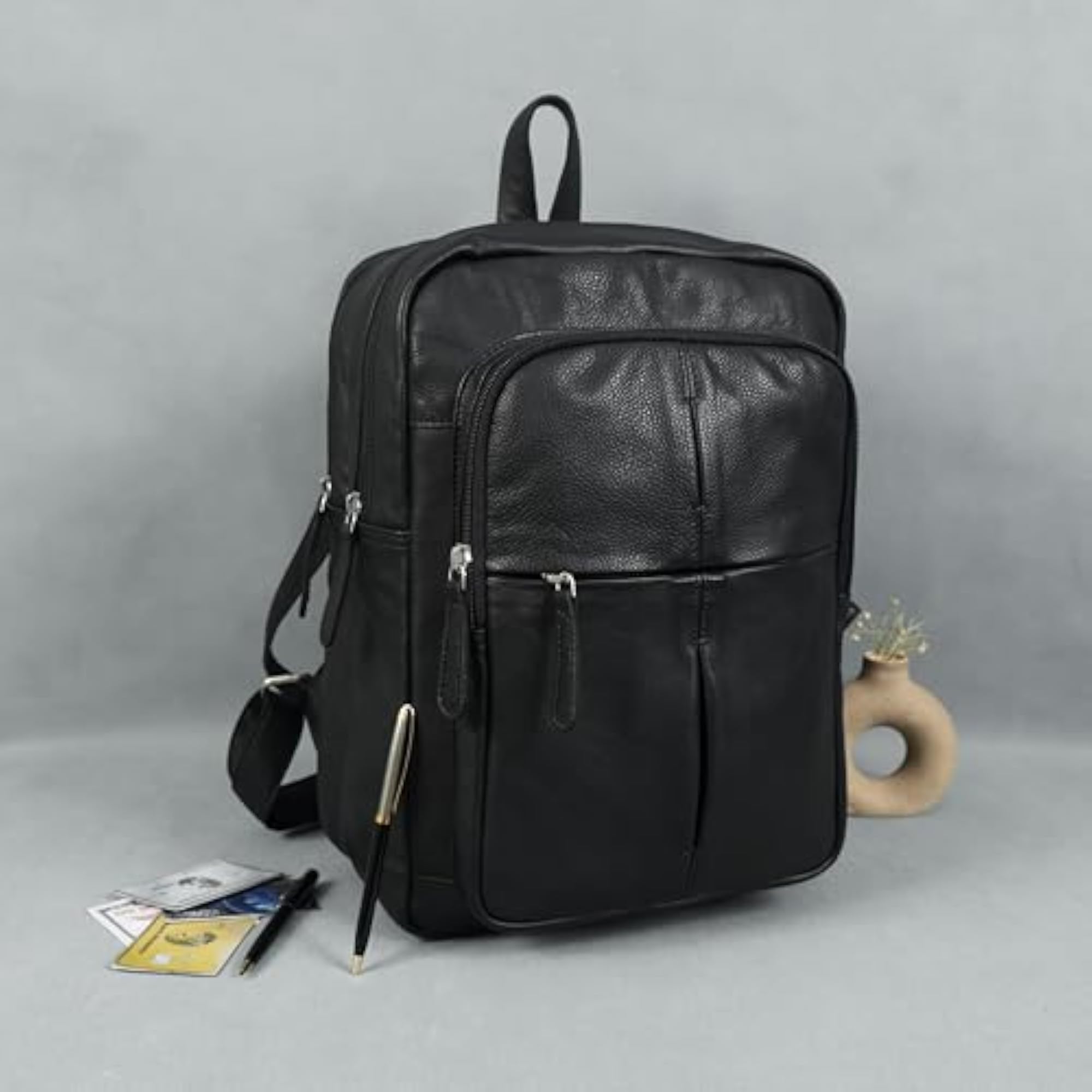 Premium Genuine Leather Multi-Zip Backpack with Organizer