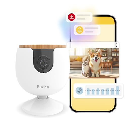 Cámara para mascotas Furbo Mini + Paquete de seguridad doméstica [PREMIUM CON SUSCRIPCIÓN]: app móvil, visión nocturna a color, audio bidireccional, alerta de ladridos o maullidos, para perros o gatos