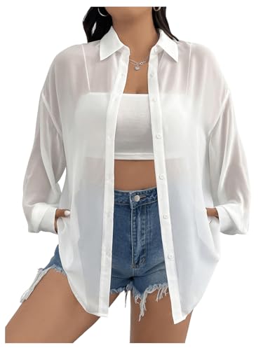 Milumia Women Plus Size Sheer Long Sleeve Button Down Shirt See Through Blouse Tops