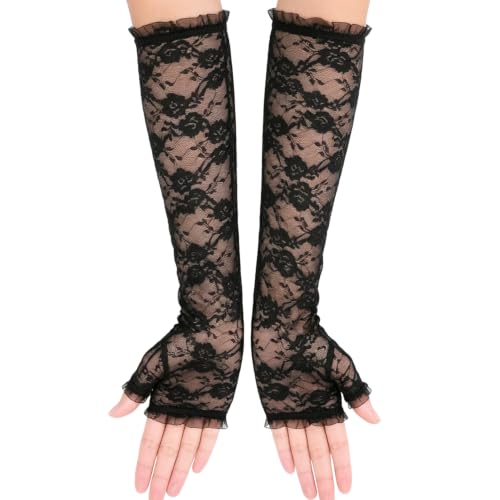Gants en Dentelle Noire pour Femme | Mitaines Longues au Coude Motif Floral pour Mariage, Opéra, Soirée, Fête Costumée et Mascarade (Noir)