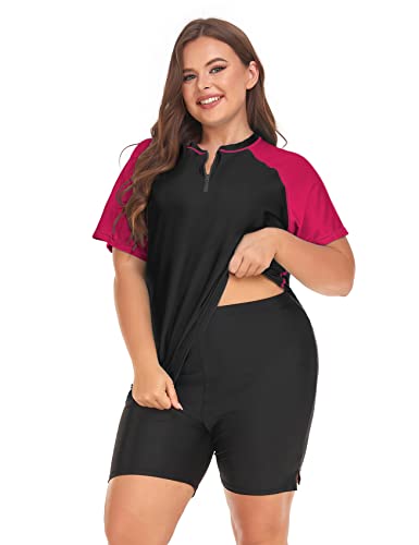 Inno 2 Piece Plus Size Rash Guard For Womens, Half Zipper Swimsuit Tops Short Sleeve With Boyshorts Upf 50+ Surfing Swimwear #TOP1
