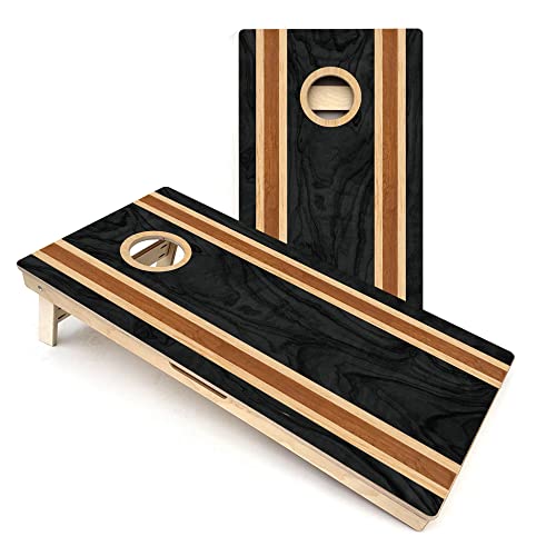 Dark Wood Stripe Cornhole Boards - Includes (2) Boards (Resin Bags) + (2) Board Edge Lights