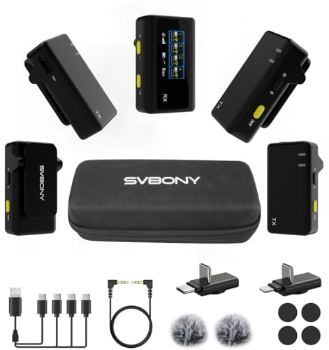 SVBONY SVMic D4 4 Micro Cravate sans Fil, 2-in-1 Wireless MicrophoneInterviews, Compatible iPhone, Android, Caméra, Portée de 200m, Écran Intelligent et Réduction du Bruit en Deux Étapes