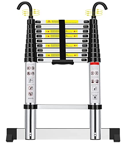 2.9M/9.5FT Telescoping Ladder, Aluminum Lightweight Telescopic Ladders with Stabilizer and Detachable Hooks, Portable Extension Loft Ladder for RV or Outdoor Work, 330lb Capacity