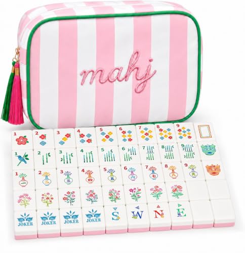 Set Americano de Mahjong con 166 Fichas Florales y Bolsa Rosa