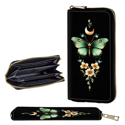 Wallet,Leather Long Wallet Suitable For Ladies And Teenagers - Detachable Wristband + RFID Travel Wallet With Card Slot - Butterfly Moon Flowers