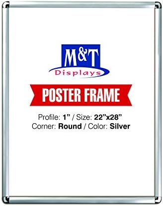 M&T Displays Snap Poster Frame 22x28 Inch Silver 1" Aluminum Profile Front Loading Wall Mounting Photo Picture Document Certificate Sign Holder Round Corner Anti Glare Cover