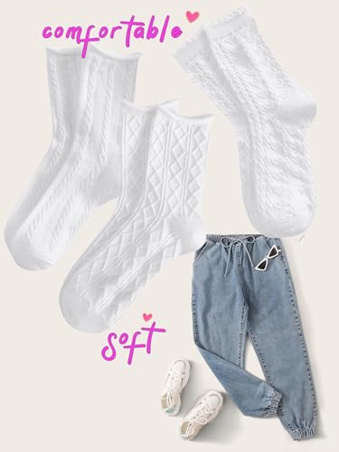 OYOANGLE Women's 3 Pairs Cable Knit Casual Crew Socks Stretchy Solid Simple Socks3