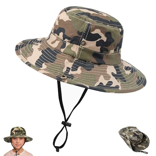 Bawnhaw Kids Cotton Camo-Bucket-Hat Boy-Girls Safari-Fishing-Hat Wide-Brim Beach-Sun-Hat Sun-Protection Army-Green For 7-14T cover