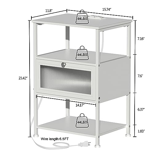 Image of EXOTICA White Nightstand with Charging Station and USB Ports Small End Table with Acrylic Drawer Narrow Sofa Side Table for Bedroom Living Room 15.74 inch Lx 11.8 inch Wx23.42 H