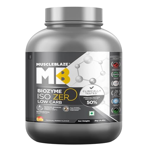 MuscleBlaze Biozyme Iso-Zero, Low Carb Whey Protein Isolate Powder, 27g Isolate Whey Per Scoop (Tropical Mango, 2kg / 4.4lbs) | USA Patent-Published Enhanced Absorption Formula (EAF)