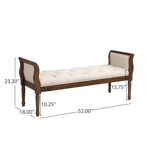 Christopher Knight Home Modern Upholstered Bench with Curved Arms, Solid Wood Frame, Beige Fabric Seat, Walnut Finish Accent Bench, Entryway Bedroom Living Room Bench by Christopher Knight Home - Image 4