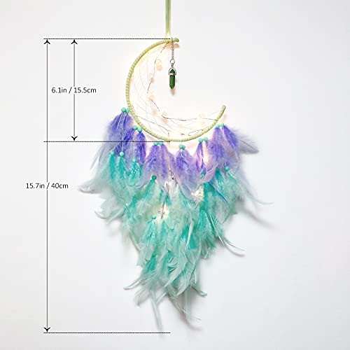 Dremisland Moon Dream Catcher with Fairy Lights-Handmade Feather Lucky Turquoise Pendant Beads Wall Hanging Ornament for kids Bedroom Home Decoration,Art Craft Gift. (Purple&Green)