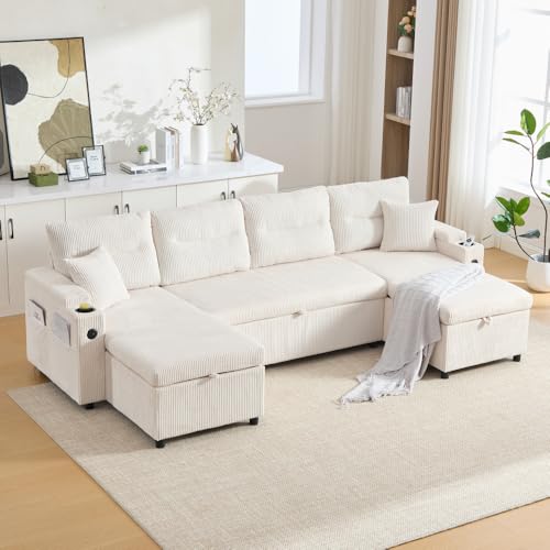 Lubvtti Sofá cama de 4 plazas con portavasos, puertos USB, almacenamiento integrado, sofá de 4 plazas moderno de pana, sofá esquinero en forma de U con chaise longue (beige + 4 plazas)