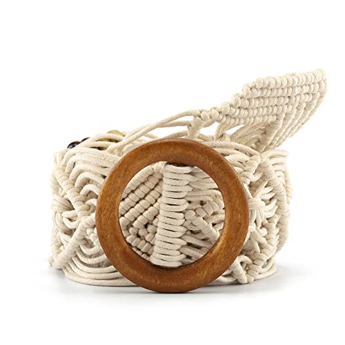 Ayliss Women Woven Waist Belt Cotton Crochet Summer Beach Handwoven Rope Braided Skinny Dress Belt Fashion Bohemian Beads (Ivory White) #TOP3