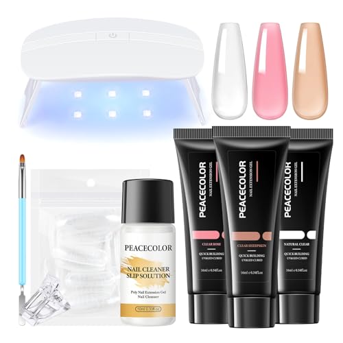 PEACECOLOR Gel Extensión de Uñas Kit 8PCS, 3 * 16ml Poly Nail Gel Para Uñas Con Lampara Uñas y Slip Solution, Kit Uñas de Gel con Rosa, Blanco, Nude para DIY para Principiante en Casa