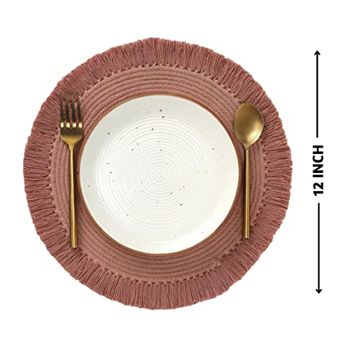 Folkulture Round Placemats Set Of 6, 100% Cotton Boho Placemats, Heat Resistant Woven Place Mats, Anti-Slip Placemats Or Table Mats, Cloth Placemats Washable, 12' Dia - (Moana Brown) #TOP2