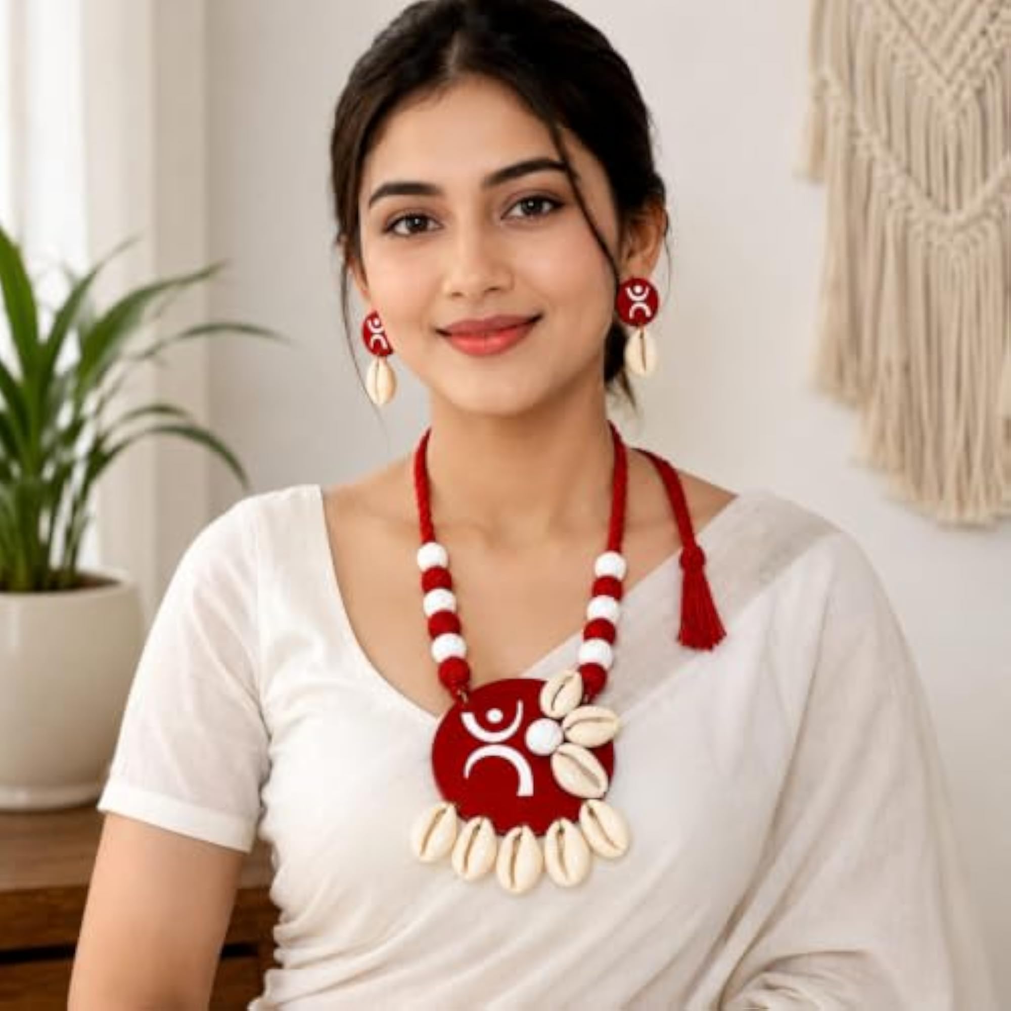 Red Tribal Pendant Necklace & Earrings Set with Cowrie Shells