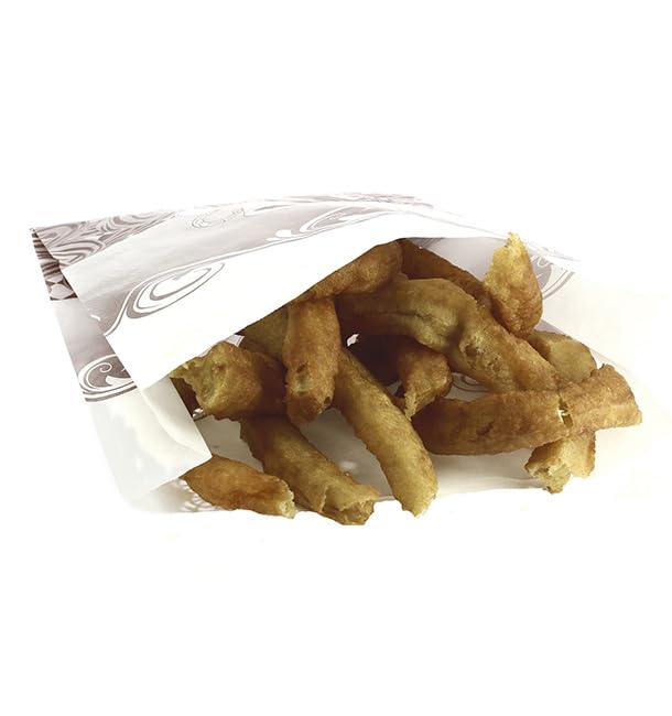 250 Bolsa para Churros Antigrasa 30+9 × 42cm | Papel Antigrasa Reciclable | Ideal para Churrerías, Food-Truck y Evento | 250 Unidades
