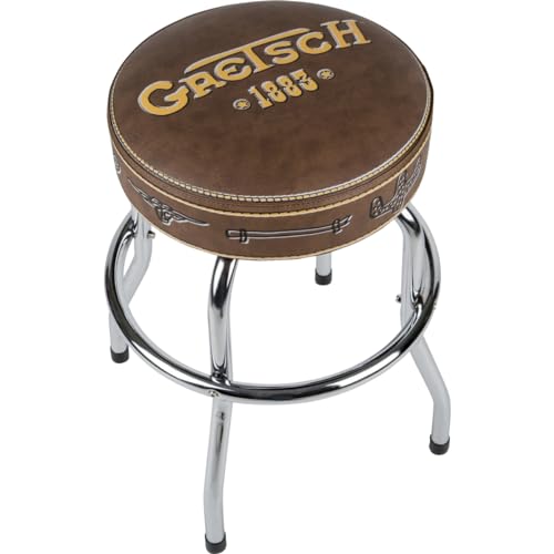 Gretsch "1883" Barstool, Perfect for Guitar Players and Fans, Matte Yellow Gretsch Logo Barstool, Foam Padded, 24", Brown