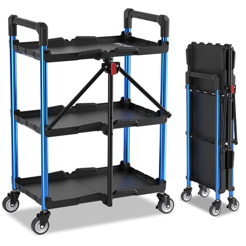WORKPRO 3-Tier Collapsible Service Cart, 210 LBS Foldable Utility Service Cart with Wheels, Portable Tool Cart for Garage, Warehouse, Home, Restaurant, Office (No Assembly Required)