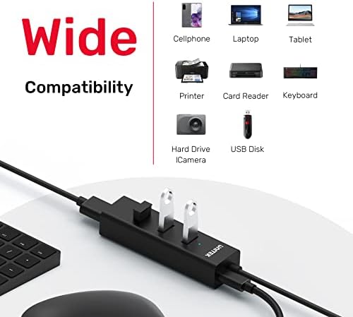 Unitek 4-Port USB 3.0 Hub Long Cable 1.2m with Micro USB Charging Port, Fast Data Transfer USB Hub Extender Extension Connector Compatible Windows PC, Mac, Surface Pro, Laptop, Printer, 4FT - Black