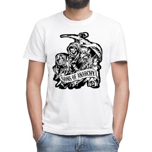 Anarchy Sons American Drama Series Black White Drawing T-shirt classique pour homme avec col rond et manches courtes, blanc, XL