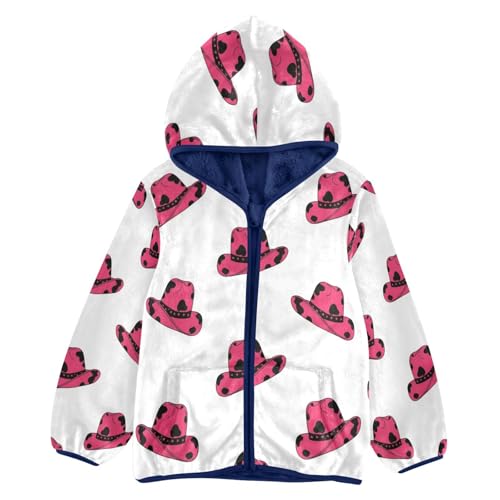 Pink Cowboy Hats Repeated Toddler Fleece Jacket Girl Boys Hooded Fleece Jacket Coat Warm Outwear Zip-up 3-10T