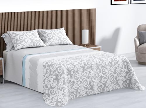 Kimbatex Colcha Bouti Estampada 100% Microfibra Termosellada, Diseños EOS, Talia y Nereida, Reversible con Fundas de Cojín (Nereida Gris, Cama 90cm 180x260cm + 1 cojin)