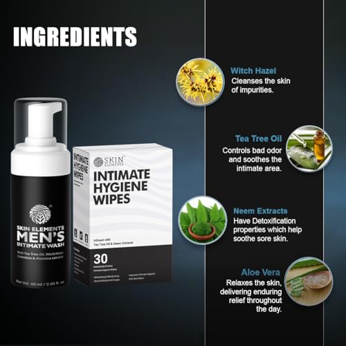 Skin Elements Intimate Hygiene Combo| Intimate Wash Men 120 ml+Intimate Wipes 30 Individual Sachets With Tea Tree & Neem Extracts - pH Balanced Foaming Wash Prevents Irritation & Bad Odor