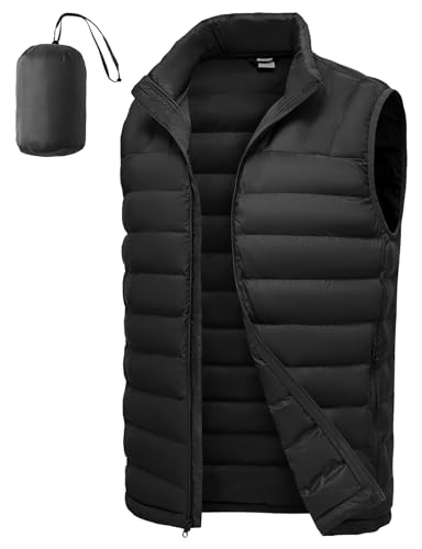 TBMPOY Men's Lightweight Packable Puffer Vest Sleeveless Puffy Outerwear Water-Resistant Bubble Jackets Work Casual Golf Black L