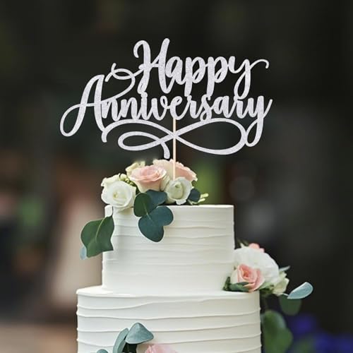 Dxsdgetue Silver Glitter Happy Anniversary Cake Toppers