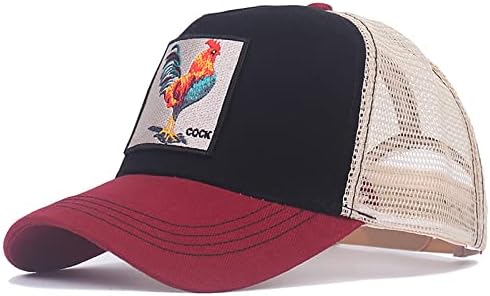Farm Animal Trucker Hat Adjustable Snapback Square Patch Mesh Baseball Cap for Men & Women (Rooster, Red Black)