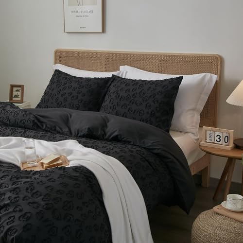 Image of Tufted Black Leopard Duvet Cover Twin Size,1 Pillow Sham, No Comforter | Button Closure, 4 Corner Ties, All Seasons, Lightweight, Extra Soft, Leopard Print Textured, Twin Duvet Cover Set 68x90 in