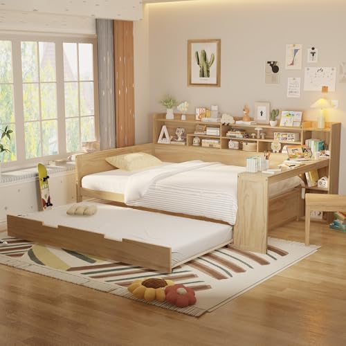 MKABAK Full Size Daybed with Trundle, Side Bookcase and Desk, Pine Wood Captains Bed with Storage Shelves Headboard for Kids Boys Girls Teens, Natural