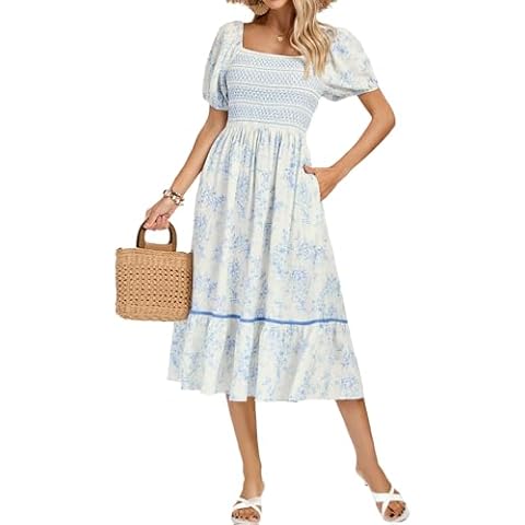 Women's Summer Floral Boho Dresses Casual Square Neck Smocked Flowy Tiered Beach Midi Dress with Pockets(Blue Floral-1, L) Cover