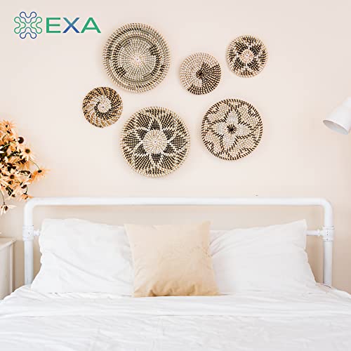 Exa Set Of 6 Seagrass Hanging Wall Basket Decor - Large Wall Baskets Decor Boho Flat African Design - Handmade Round Wicker Woven Basket Wall Decor - Wall Art Twin Flowers Rustic Rattan Wall Decor #TOP4