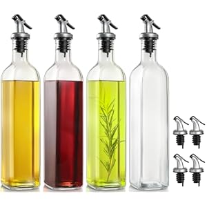 UmI. Olijfolie Dispenser Fles Set 4, Olie Flessen voor Keuken, 17oz Koken Olie Dispenser Fles, Glazen Olie Container met Plastic Pourer, Olie Cruet met Plastic Trechter en Etiketten voor Groente