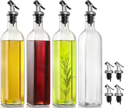 Lot de 4 flacons distributeurs d'huile d'olive en verre pour la cuisine, ensemble distributeur d'huile et de vinaigre avec bec verseur en plastique, entonnoir...
