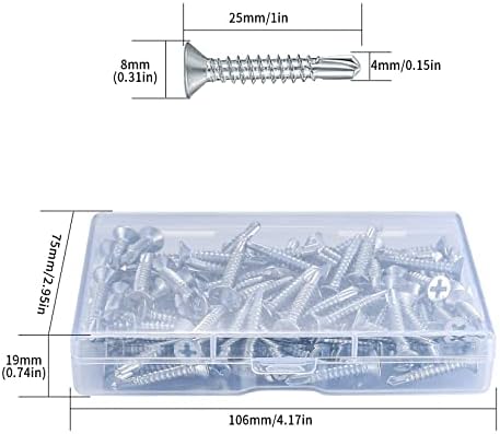 100 Pcs Self Tapping Cross Flat Head Screws, 4.2 * 25mm Self Drilling Countersunk Wood Screws with Drill Tails, Sheet Metal Screws for Metal