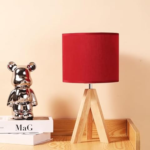 LRXJHHTY Wooden Table Lamp,Small Tripod Desk Lamp with Linen Fabric Lampshade,14.9",Tri-Color 5W Wooden Desk Lamp,UL Listed,Wooden Bedside Lamp,Nightstand Lamp for Bedroom,Kidsroom,Nursery Cover