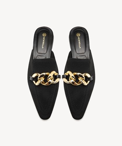 Image of NEWBELLA Women's Knit Pointed Toe Mule Slides, Chunky Gold Chain Decor, Low Block Heel, Slip On Loafer for Daily Office Wear